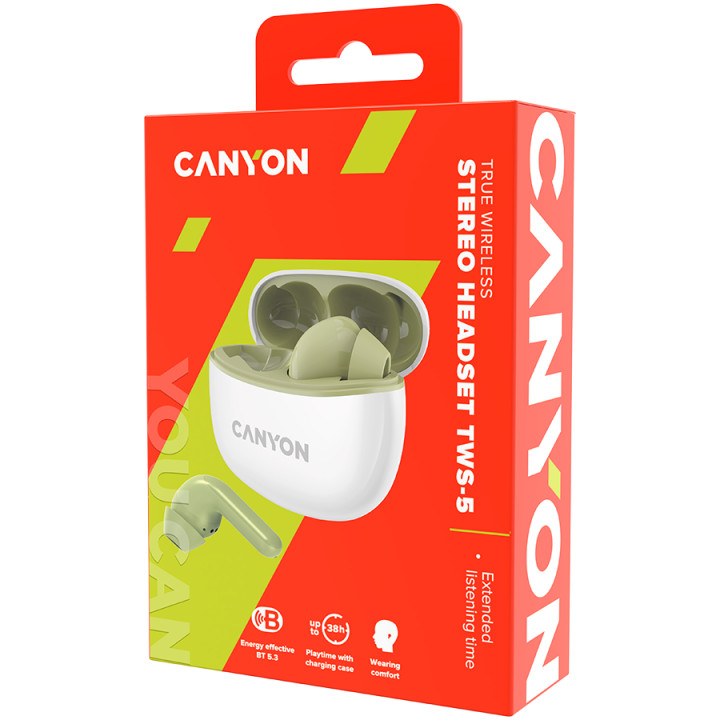 Bluetooth слушалки Canyon TWS-5 с микрофон, BT V5.3, зелен - CNS-TWS5GR
