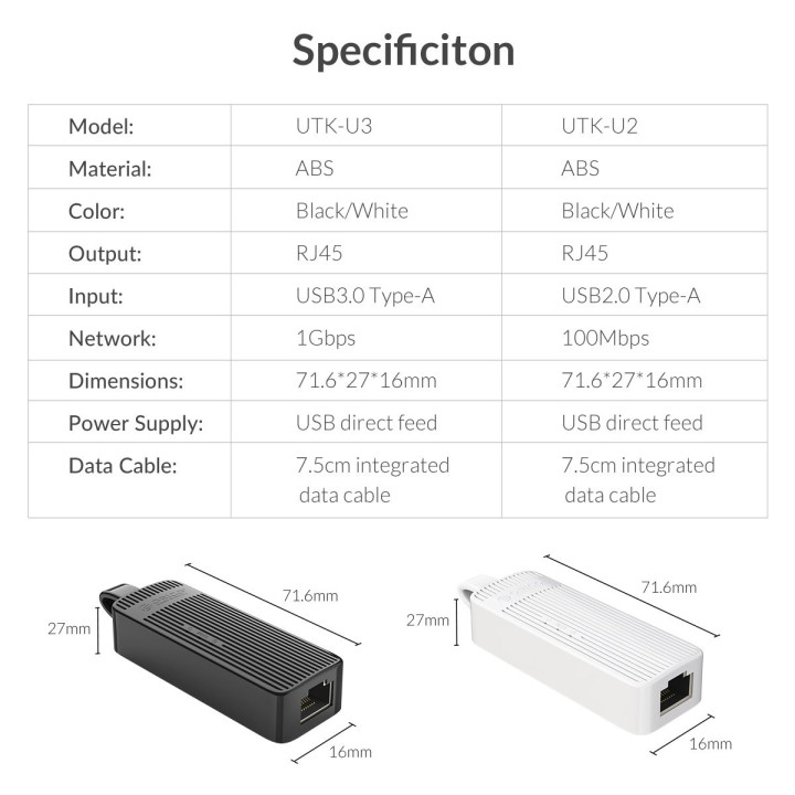 Адаптер Orico USB3.0 to LAN Gigabit 1000Mbps black - UTK-U3