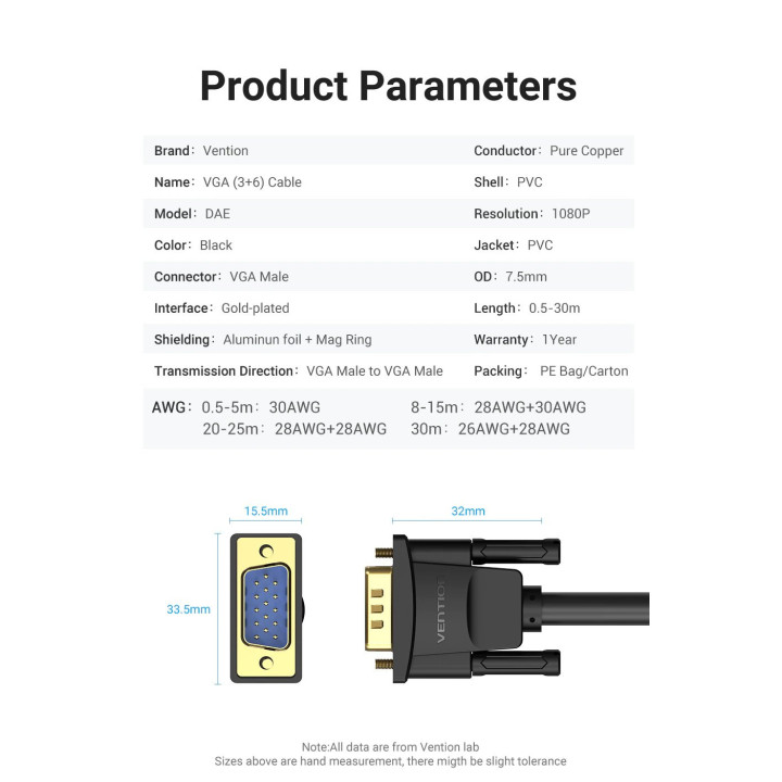 Кабел Vention VGA HD15 M / M 2.0m Gold Plated, 2 Ferrites - DAEBH