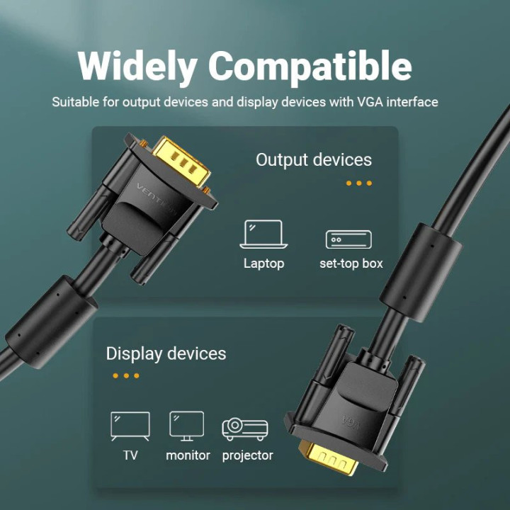 Кабел Vention VGA HD15 M / M 1.0m Gold Plated, 2 Ferrites - DAEBF