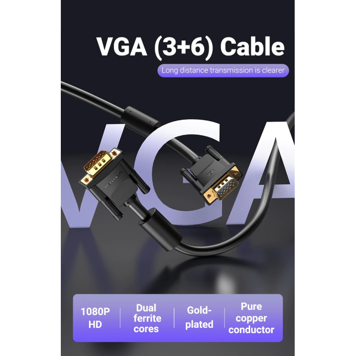 Кабел Vention VGA HD15 M / M 1.0m Gold Plated, 2 Ferrites - DAEBF