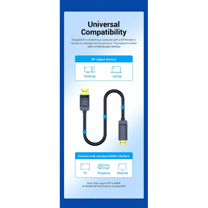 Кабел Vention DisplayPort to HDMI 3.0m - 4K, Gold Plated - HAGBI