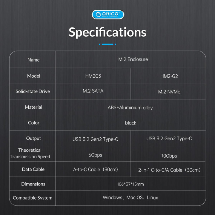 Външна кутия за диск Orico M.2 NVMe M key - USB3.1 Gen2 Type-C, 10Gbps - HM2-G2-BK-BP