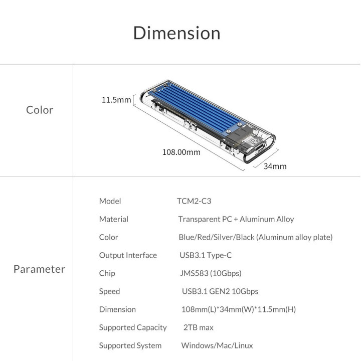Външна кутия за диск Orico M.2 NVMe M key - USB3.1 Type-C - TCM2-C3-BK-BP