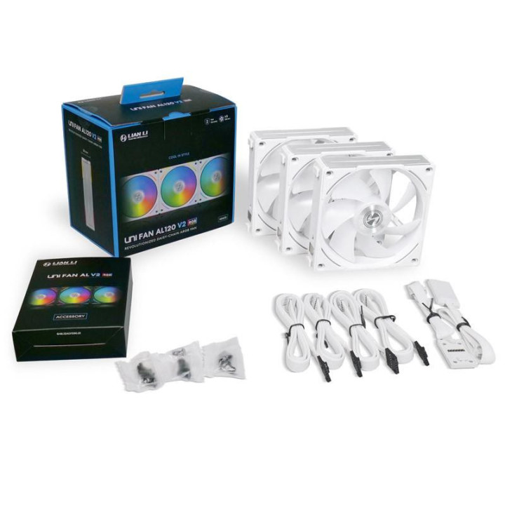 Вентилатори Lian-Li UNI AL120 V2 ARGB PWM, Три броя в комплект, Включен контролер, Бял - G99.12ALV23W.00
