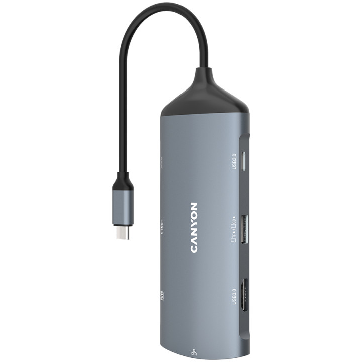 Докинг станция Canyon 8 in 1 hub, HDMI , Gigabit LAN, USB C 2бр, USB3.1 2бр , USB2.0, SD, кабел 15cm, тъмно сив - CNS-TDS15