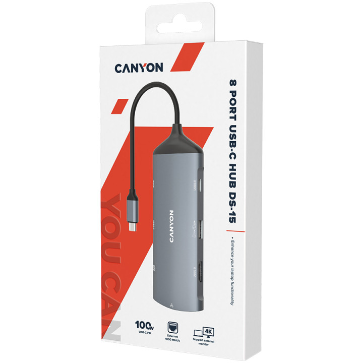 Докинг станция Canyon 8 in 1 hub, HDMI , Gigabit LAN, USB C 2бр, USB3.1 2бр , USB2.0, SD, кабел 15cm, тъмно сив - CNS-TDS15