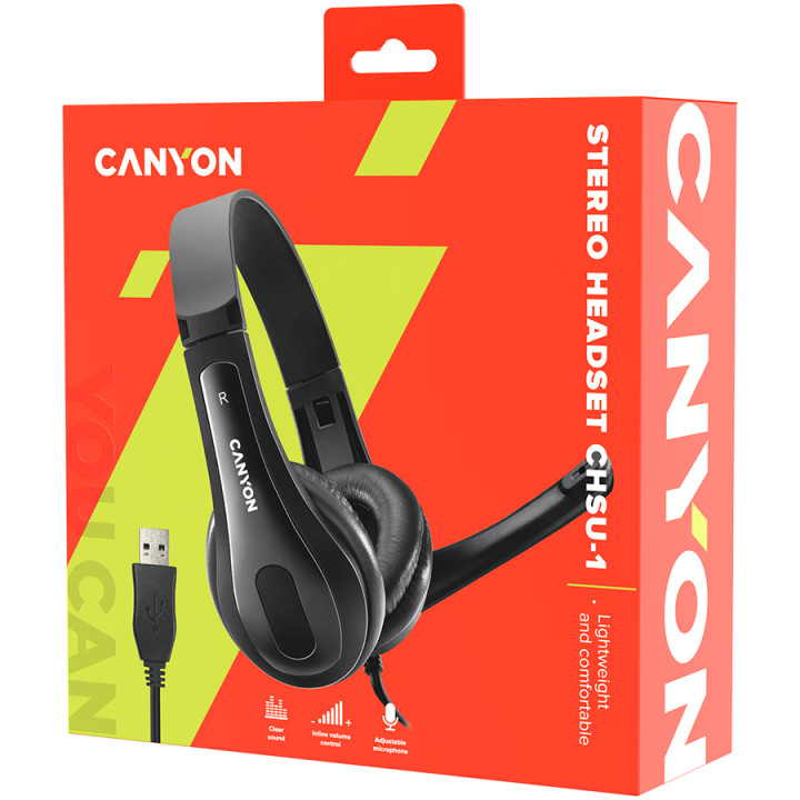 Слушалки Canyon CHSU-1 с микрофон, USB, черен- CNS-CHSU1B