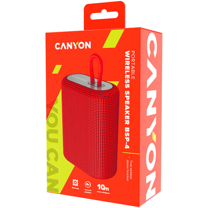 Bluetooth колонка Canyon BT V5.0, BLUETRUM AB5365A, TF card support, Type-C USB port, 1200mAh, Red - CNE-CBTSP4R