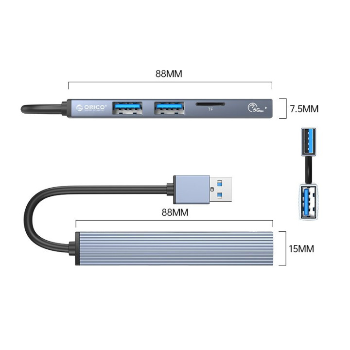 Хъб Orico USB3.0/2.0 HUB 3 port   card reader, Aluminum - AH-A12F-GY