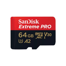 SD карта SanDisk 64GB Extreme PRO microSDXC, Class 10 U3, A2, V30, 90 MB/s с адаптер до SD - SDSQXCU-064G-GN6MA