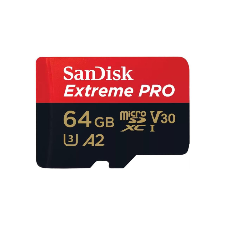 SD карта SanDisk 64GB Extreme PRO microSDXC, Class 10 U3, A2, V30, 90 MB/s с адаптер до SD - SDSQXCU-064G-GN6MA