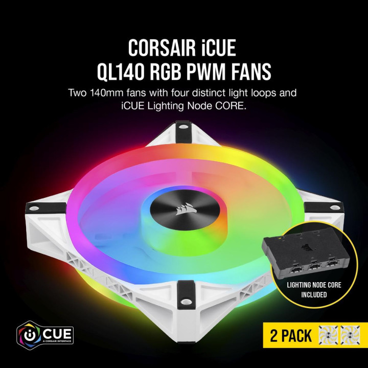 Комплект вентилатори Corsair iCUE QL140 RGB PWM, 2 Fan комплект, с включен контролер Lightning Node CORE, бял - CO-9050106-WW