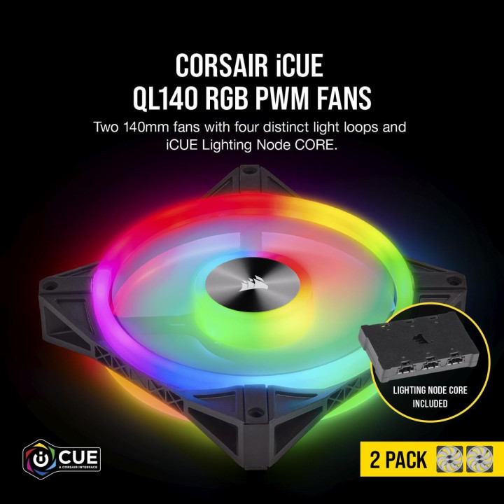Комплект вентилатори Corsair iCUE QL140 RGB PWM, 2 Fan комплект, с включен контролер Lightning Node CORE, черен - CO-9050100-WW