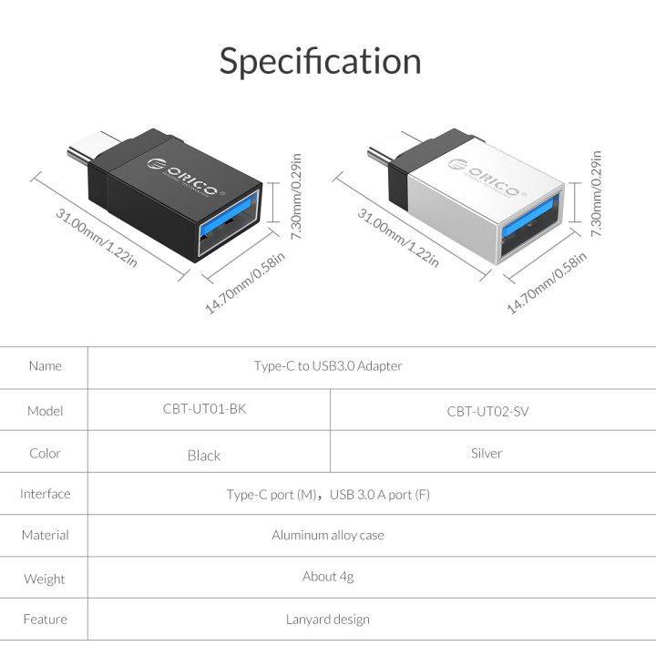Адаптер  Orico OTG USB3.0 AF to Type-C - CBT-UT01-BK-BP