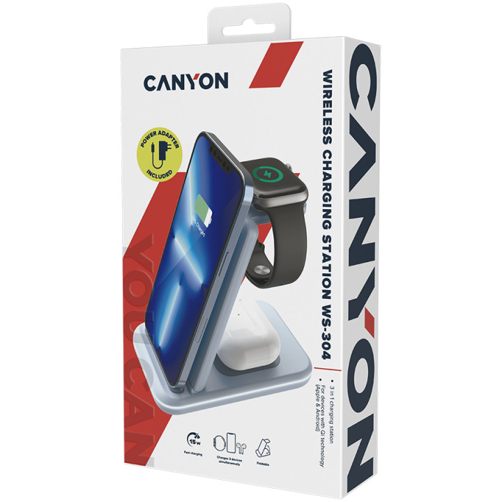 Безжично зарядно Canyon WS-304 Foldable 3in1, Blue - CNS-WCS304BL