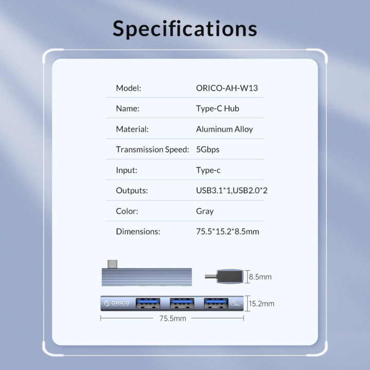 Хъб Orico USB3.0/2.0 HUB 3 port TYPE C, Aluminum - AH-W13-GY-BP
