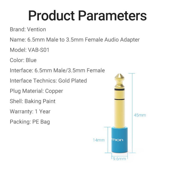 Адаптер Vention Audio 6.5mm M / 3.5mm F - Blue - VAB-S01-L
