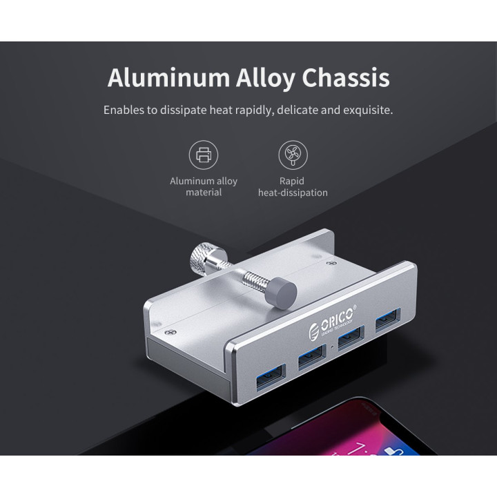 Хъб Orico USB 3.0 HUB Clip Type 4 port,  Aluminum - MH4PU-SV-BP