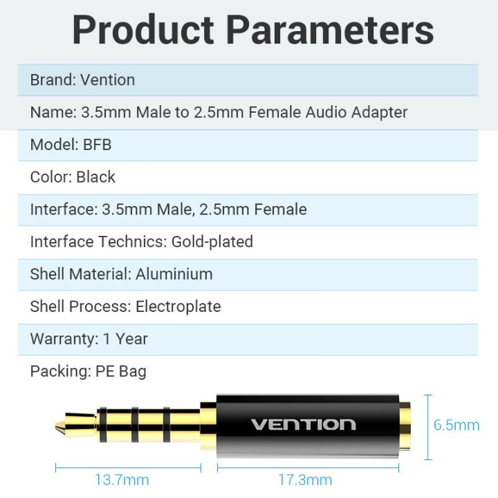Адаптер Vention Audio 3.5mm M / 2.5mm F  Black Metal - BFBB0