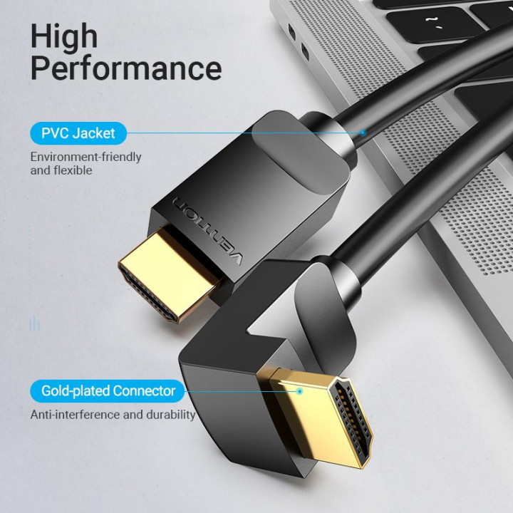 Кабел Vention HDMI Right Angle 90 Degree v2.0 M / M 4K/60Hz Gold - 2M Black - AARBH
