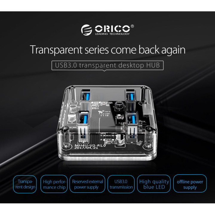 Хъб Orico USB3.0 HUB 4 port transparent, 1m cable - MH4U-U3-10-CR