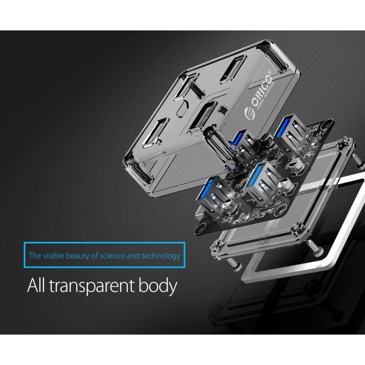 Хъб Orico USB3.0 HUB 4 port transparent, 1m cable - MH4U-U3-10-CR