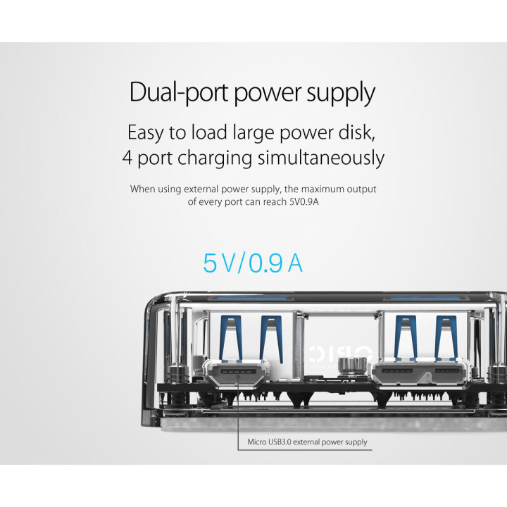 Хъб Orico USB3.0 HUB 4 port transparent, 1m cable - MH4U-U3-10-CR
