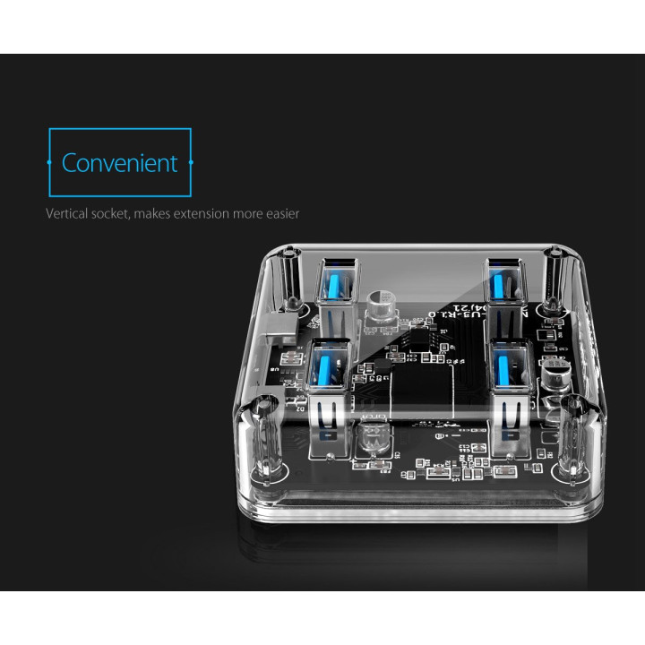 Хъб Orico USB3.0 HUB 4 port transparent, 1m cable - MH4U-U3-10-CR