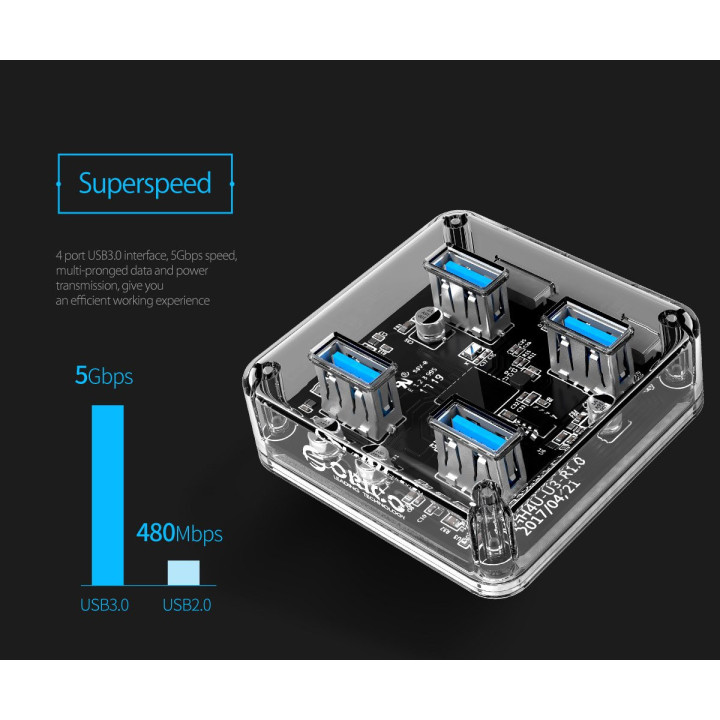 Хъб Orico USB3.0 HUB 4 port transparent, 1m cable - MH4U-U3-10-CR