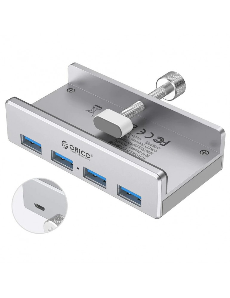 Хъб Orico USB 3.0 HUB Clip Type 4 port - aux Micro-USB power input, Aluminum - MH4PU-P-SV-BP
