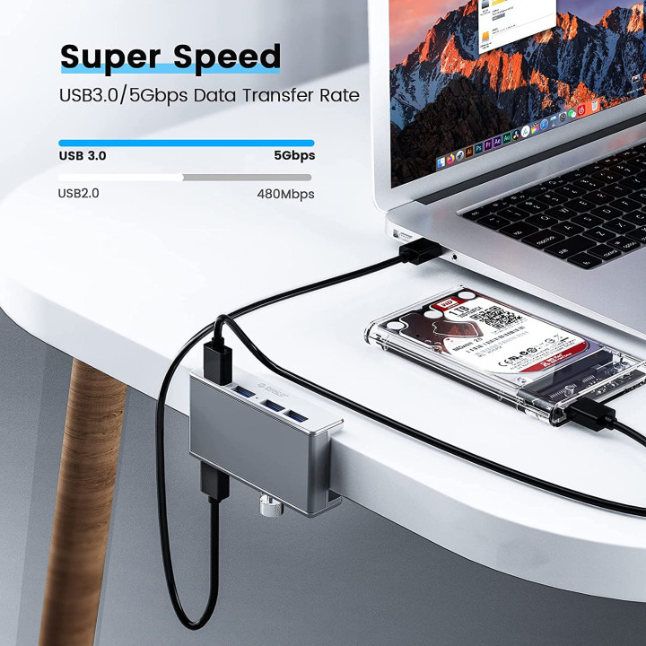 Хъб Orico USB 3.0 HUB Clip Type 4 port - aux Micro-USB power input, Aluminum - MH4PU-P-SV-BP