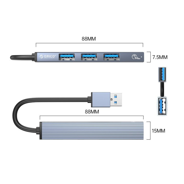 Хъб Orico USB3.0/2.0 HUB 4 port, Aluminum - AH-A13-GY-BP