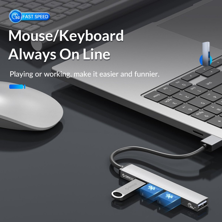Хъб Orico USB3.0/2.0 HUB 4 port, Aluminum - AH-A13-GY-BP