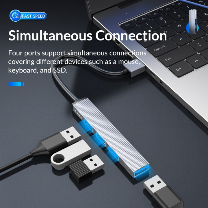 Хъб Orico USB3.0/2.0 HUB 4 port, Aluminum - AH-A13-GY-BP