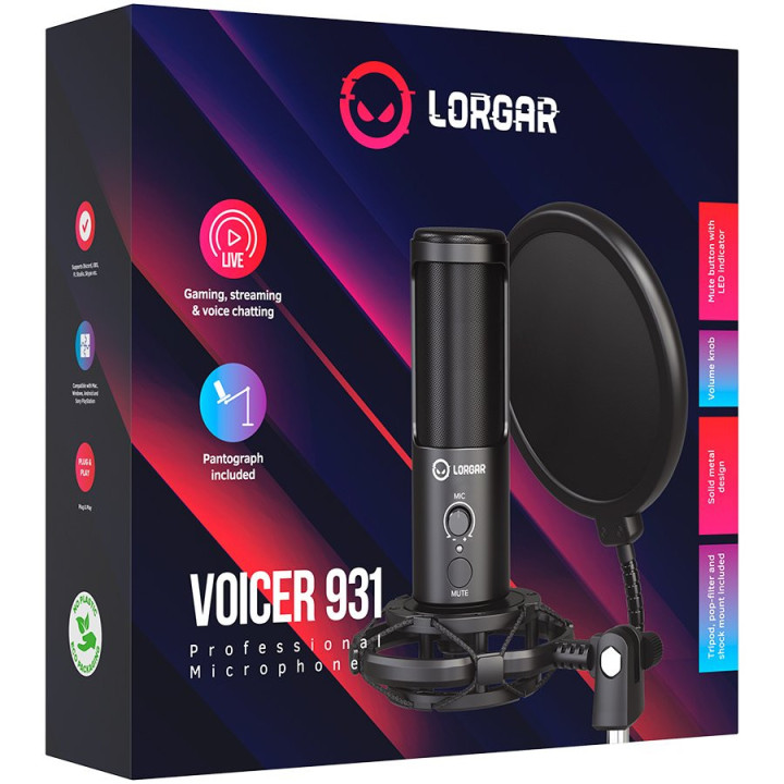 Микрофон Lorgar Voicer 931, LED indicator, 360° Rotation, черен - LRG-CMT931