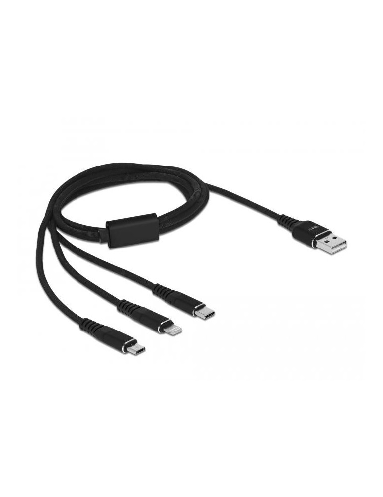 Кабел за зареждане Delock 87155, 3 в 1, USB - Lightning MicroUSB USB-C, 1м, Черен