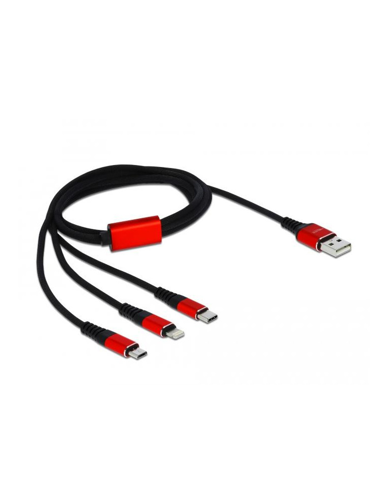 Кабел за зареждане Delock  3 в 1, USB - Lightning/ Micro USB/ USB-C, 1м, Черен/Червен