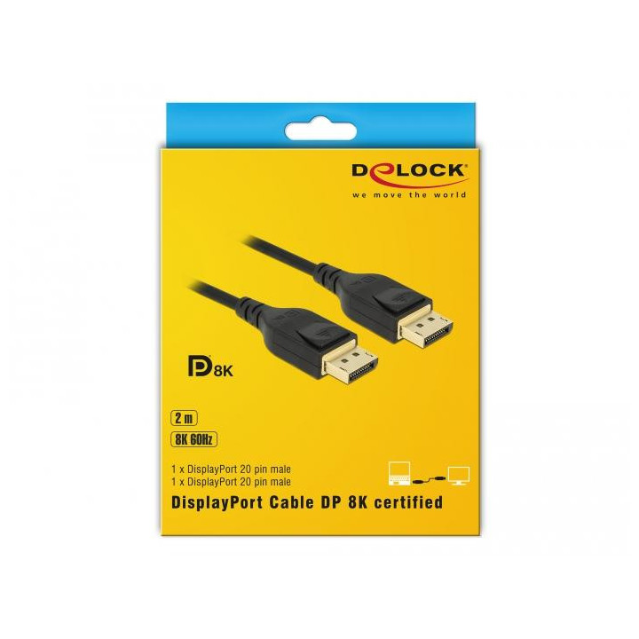 Кабел Delock 85660, DisplayPort мъжко - DisplayPort мъжко, 2.0м, 8K 60 Hz, Черен