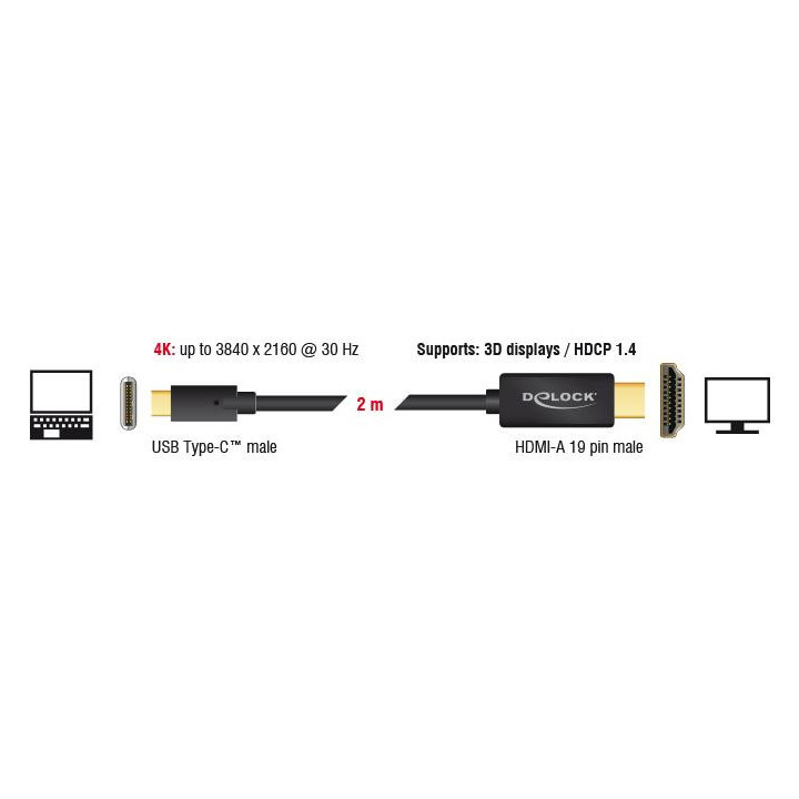 Кабел Delock 85259, USB-C мъжко - HDMI мъжко, 2.0 m, 4K 30 Hz, 2 m, Черен