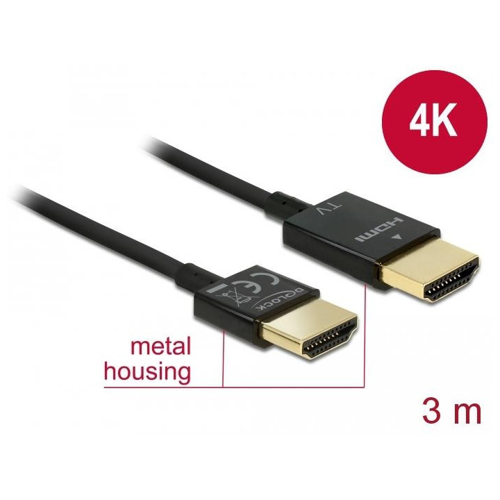 Кабел Delock 84774, HDMI-A мъжко - HDMI-A мъжко, Ethernet, 18 Gbit/s, 4K, 3 м, Черен
