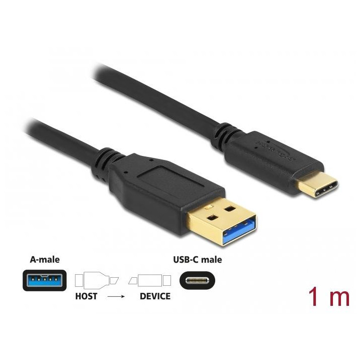 Кабел Delock SuperSpeed, USB-A мъжко - USB-C мъжко, (USB 3.2 Gen 2), 10 Gbps, 1 м, Черен