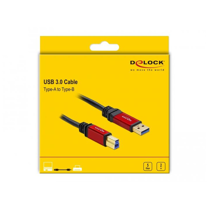 Кабел Delock USB-A мъжко - USB-B мъжко, 2 м, Premium, Екраниран, Черен