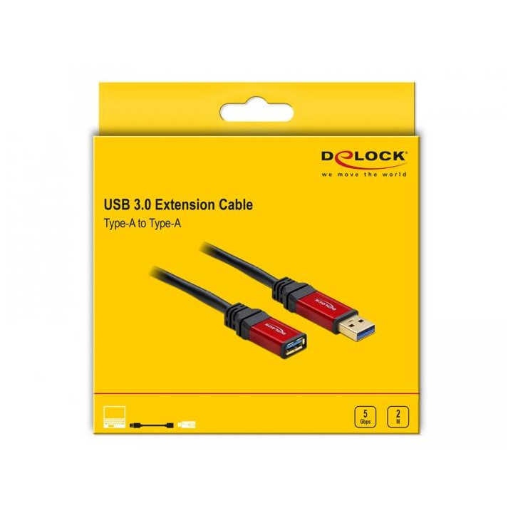 Удължителен кабел Delock USB-A мъжко - USB-А женско, 2 м, Premium, Екраниран, Черен