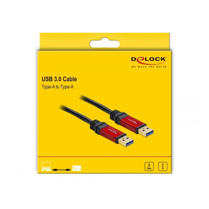 Кабел Delock 82745, USB-A мъжко - USB-А мъжко, 2 м, Premium, Екраниран, Черен