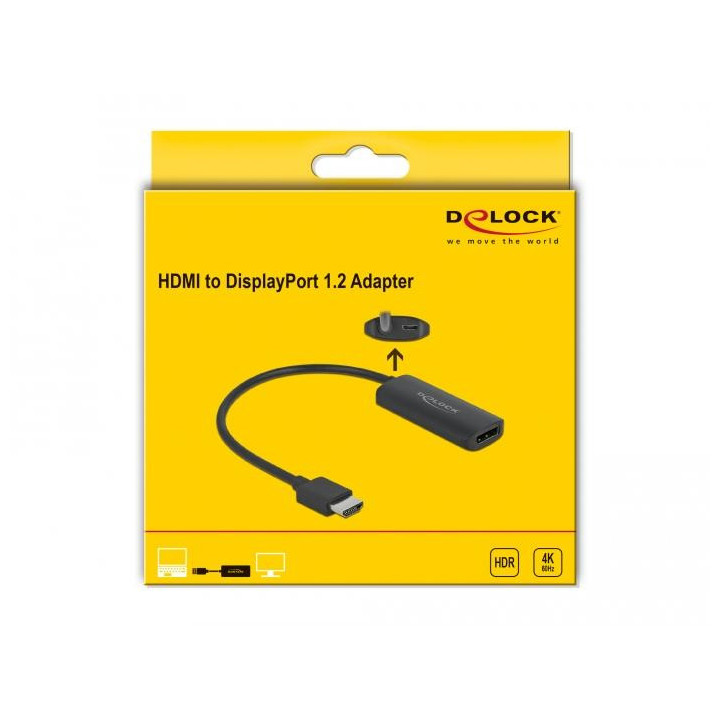 Адаптер Delock 63206, HDMI-A мъжко - DisplayPort женско, 4K 60 Hz, Черен