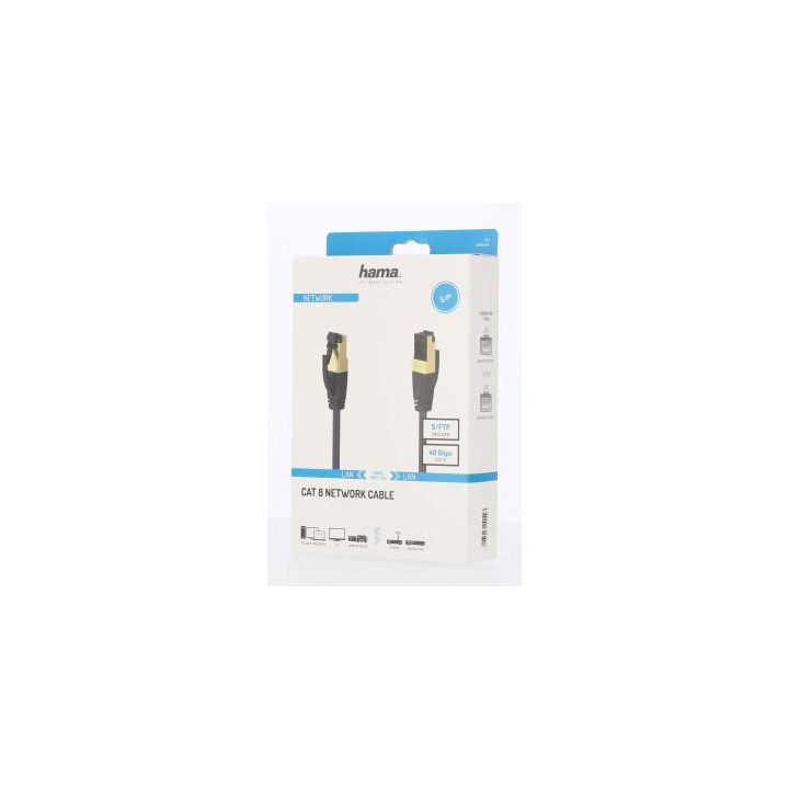 Мрежов пач кабел HAMA S/FTP, CAT 8, RJ-45 - RJ-45, 40Gbit/s, 5.0 m, Halogen-free, Черен