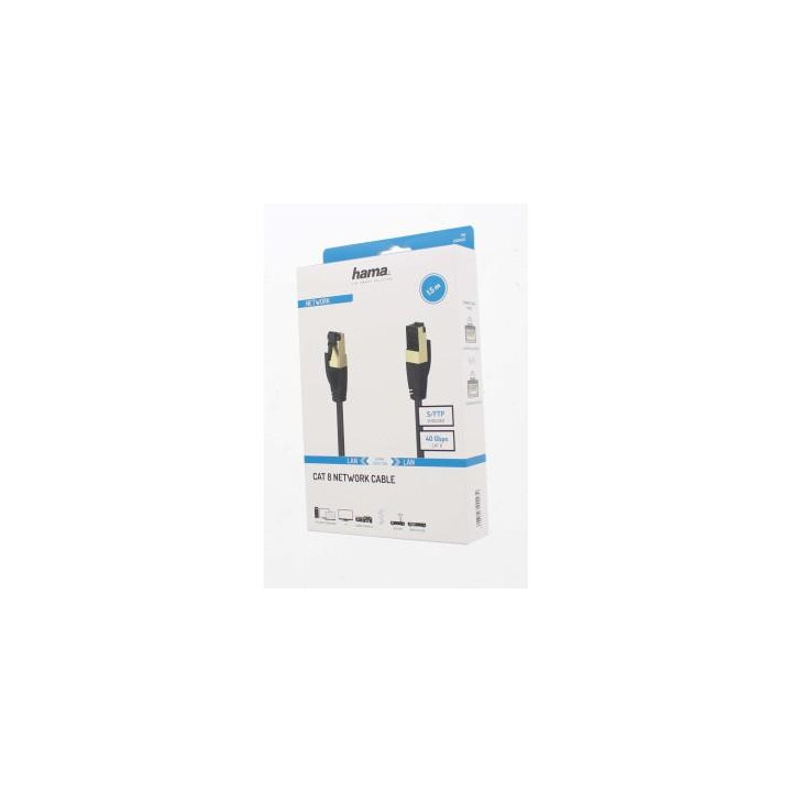 Мрежов пач кабел HAMA S/FTP, CAT 8, RJ-45 - RJ-45, 40Gbit/s, 1.50 m, Halogen-free, Черен