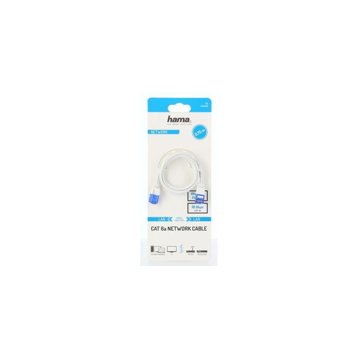 Мрежов кабел HAMA Flexi-Slim, U/UTP CAT 6a, 10 Gbit/s, RJ-45 - RJ45, 0.75 m, Бял