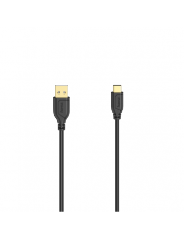 Кабел Hama Flexi-Slim USB-C - USB-A 2.0 мъжко, 0.75м,тънък, позлатен, черен